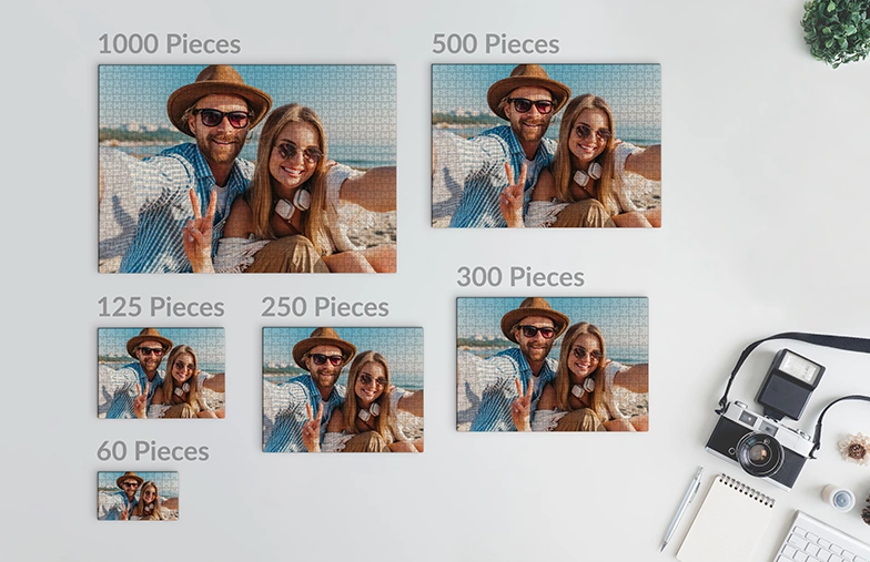 Gepersonaliseerde fotoleg puzzels: maak je eigen van 60-1000 stukjes. Voorbeeld van strandscène getoond.