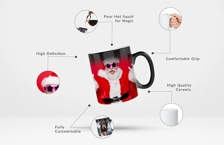 Gepersonaliseerde magische mok: High-def Kerstman ontwerp onthuld met warme dranken. Volledig aanpasbaar, hoogwaardige keramiek.